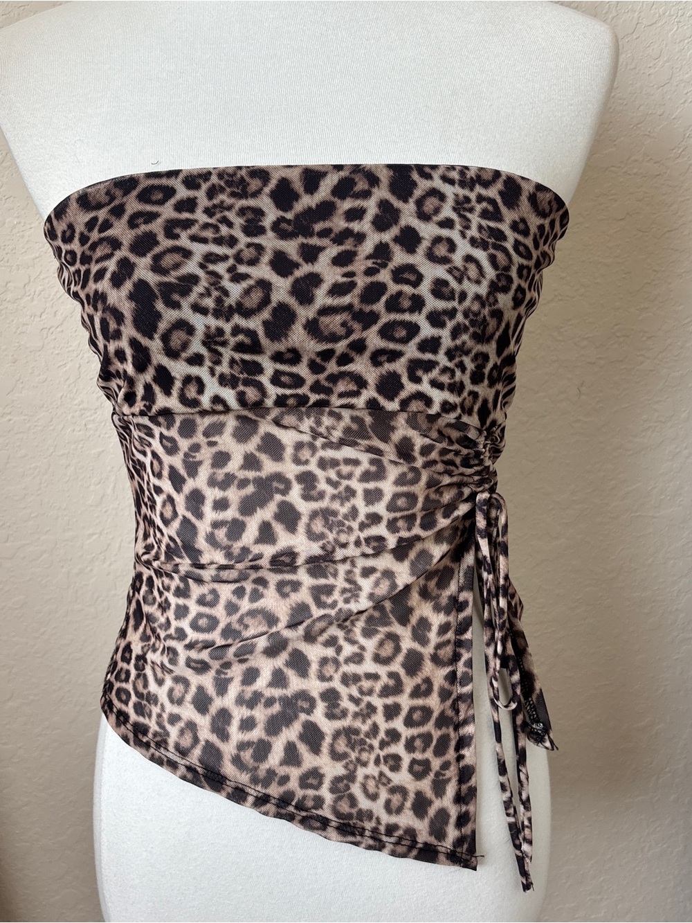 7DAY WKND Leopard Animal Print Mesh Side Ruched Tube Strapless Top Y2K Small